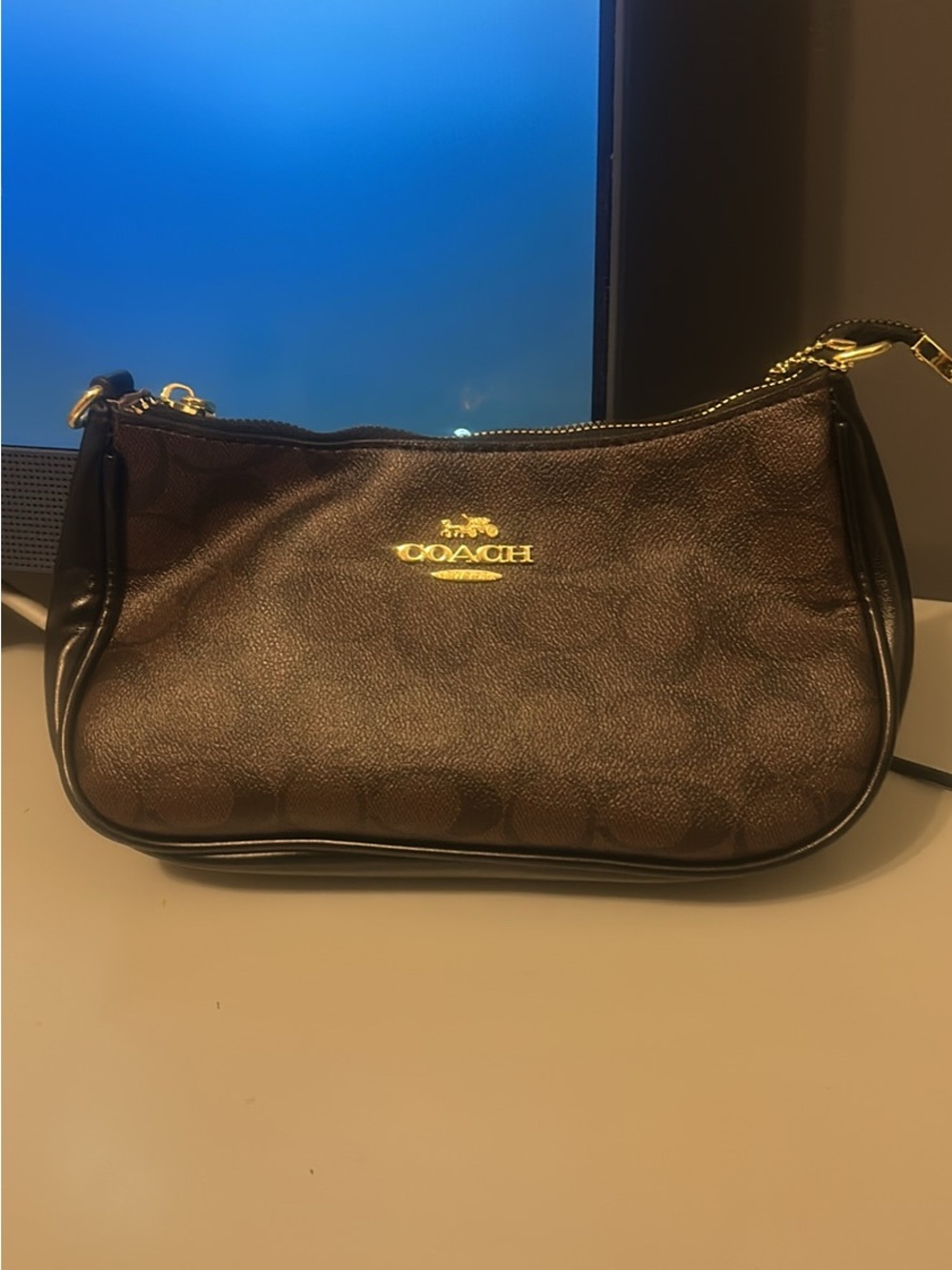 COACH Brown Signature Mini Shoulder Bag with Gold Hardware